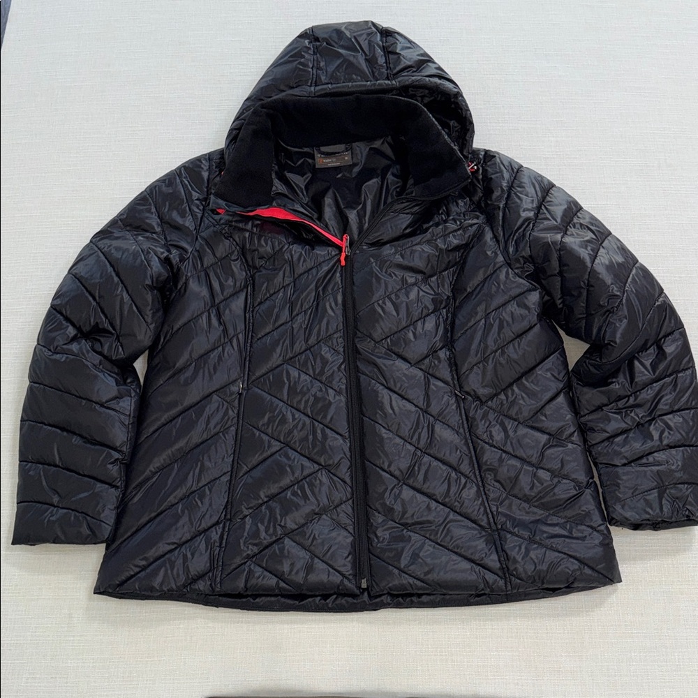 Tek Gear, Warm Tec Black Puffer Jacket with Neon Pink Accents
